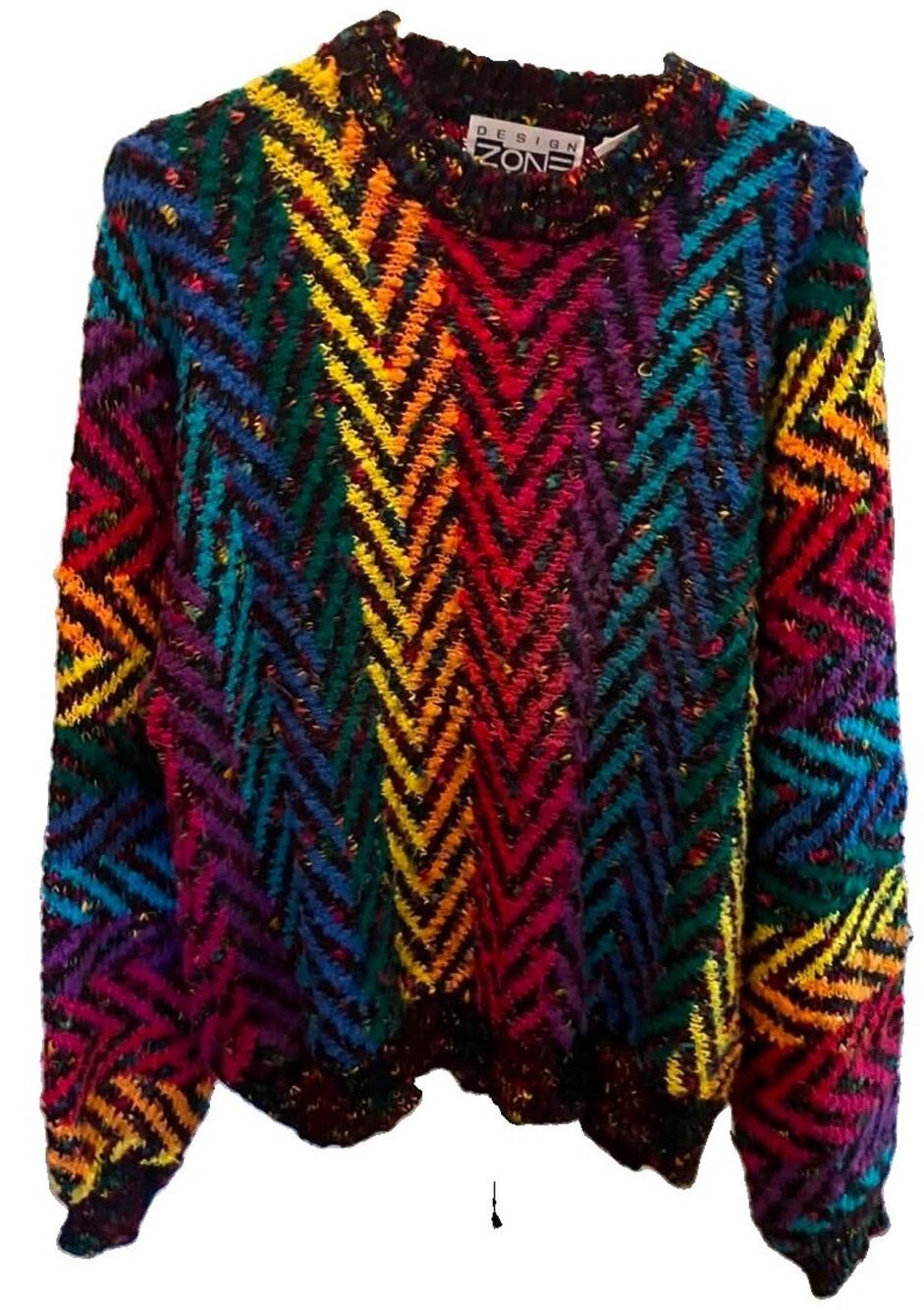 Vintage 1989 Design Zone Rainbow Zig Zag Acrylic Sweater Large Colorful Retro